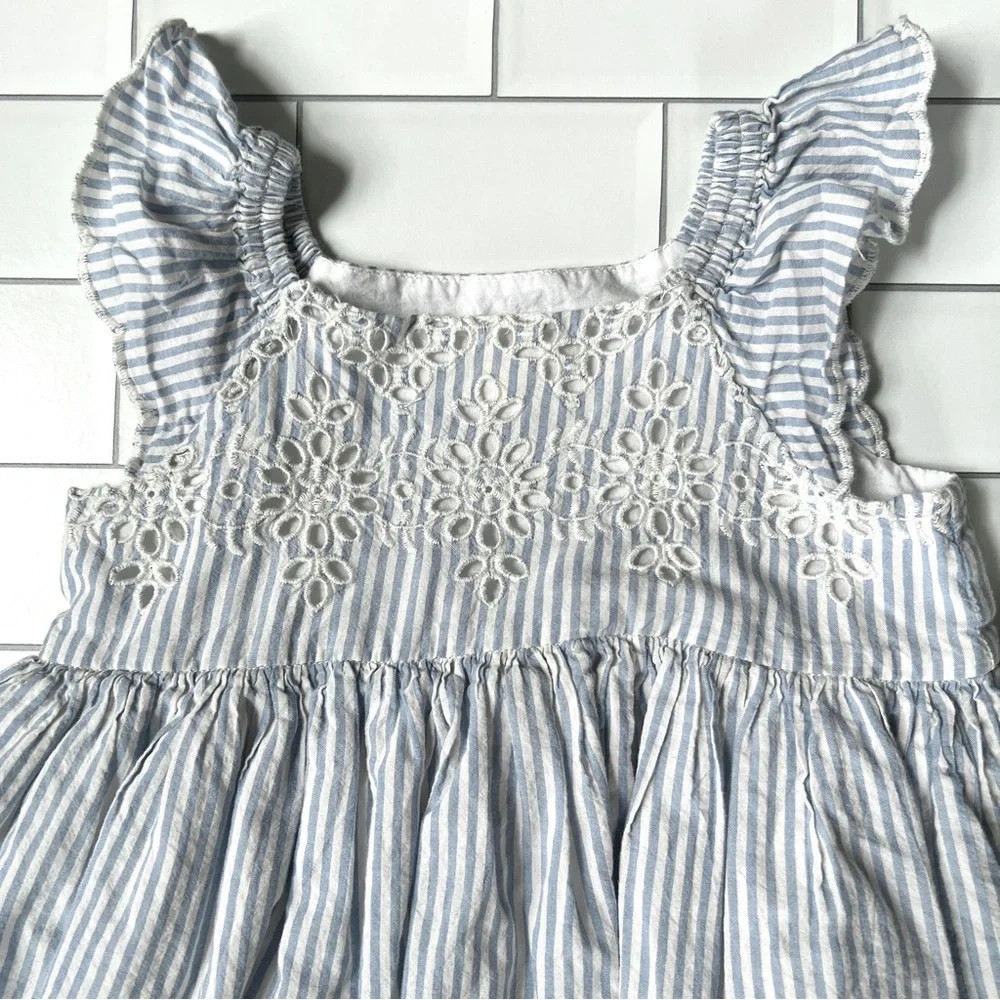 6-12M🩵 GAP Baby Girls Blue White Stripe Eyelet Embroidered Ruffle Sleeve Dress